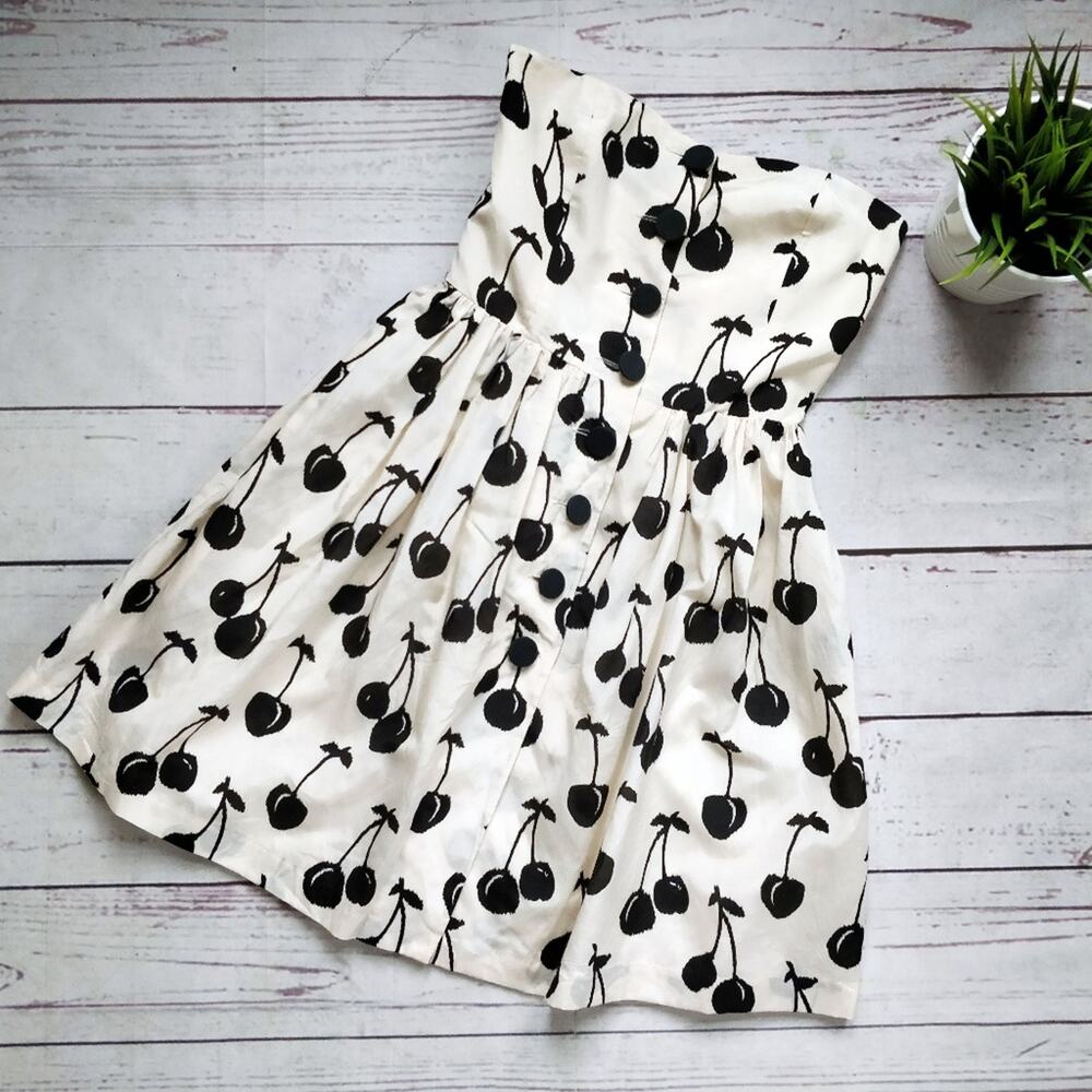 JILL STUART COLLECTION Lindsay Cherry Print Dress White and Black Strapless Sz 0